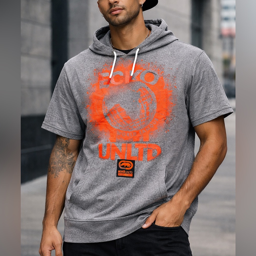 Ecko unlimited Men’s Short Sleeve shirt Hoodie Gray/Orange‎ size XL pockets